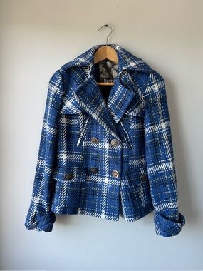 Kensie Blue White Plaid Double-Breasted Peacoat